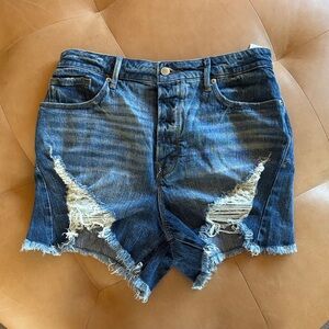 Good American Dark Blue Distressed button fly Jean Shorts